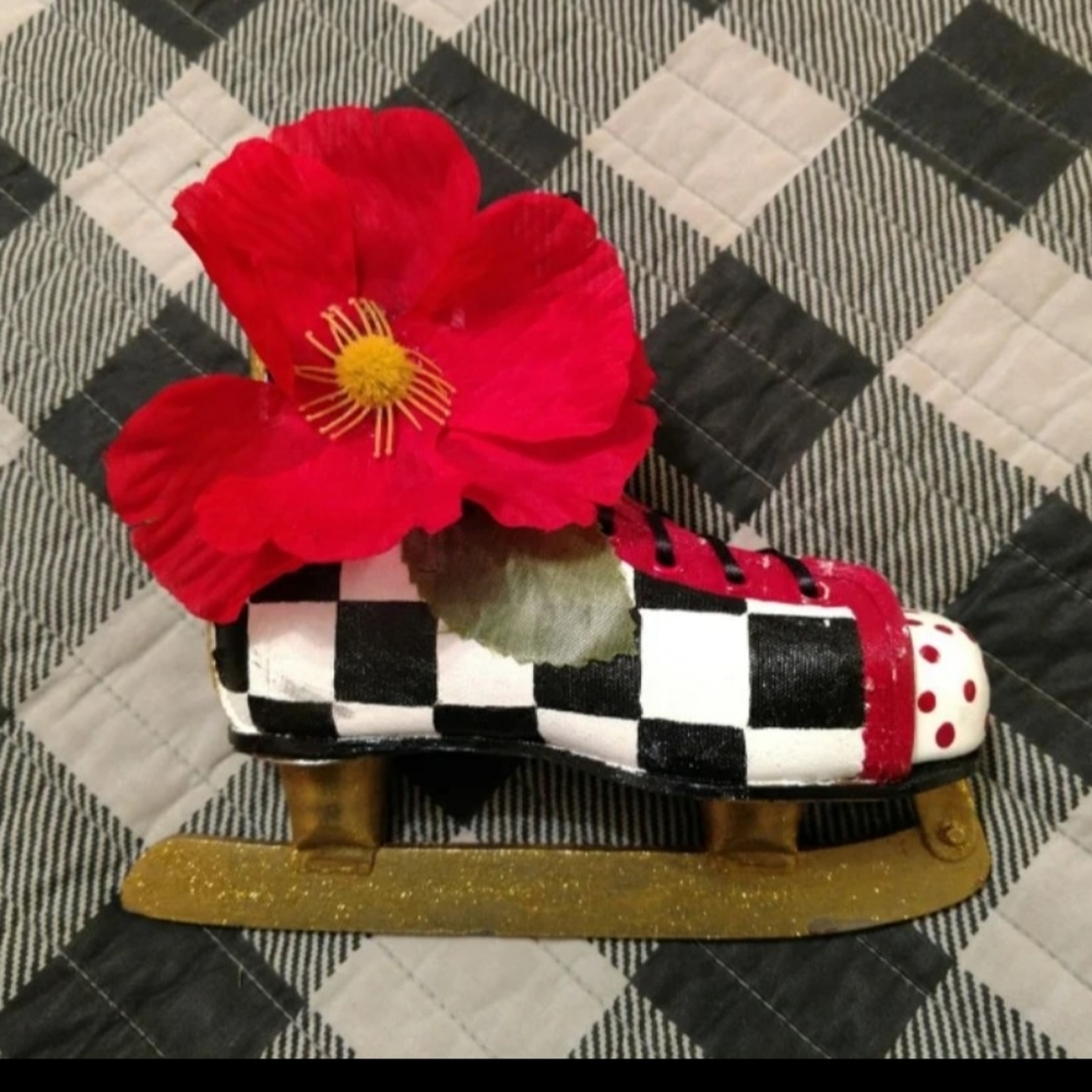 Hand painted real ice skate Christmas decor upcycled checks